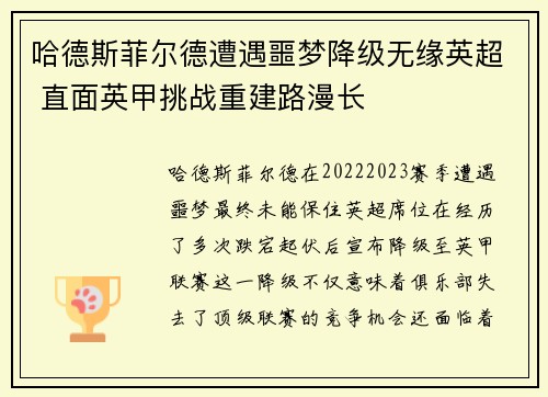 哈德斯菲尔德遭遇噩梦降级无缘英超 直面英甲挑战重建路漫长